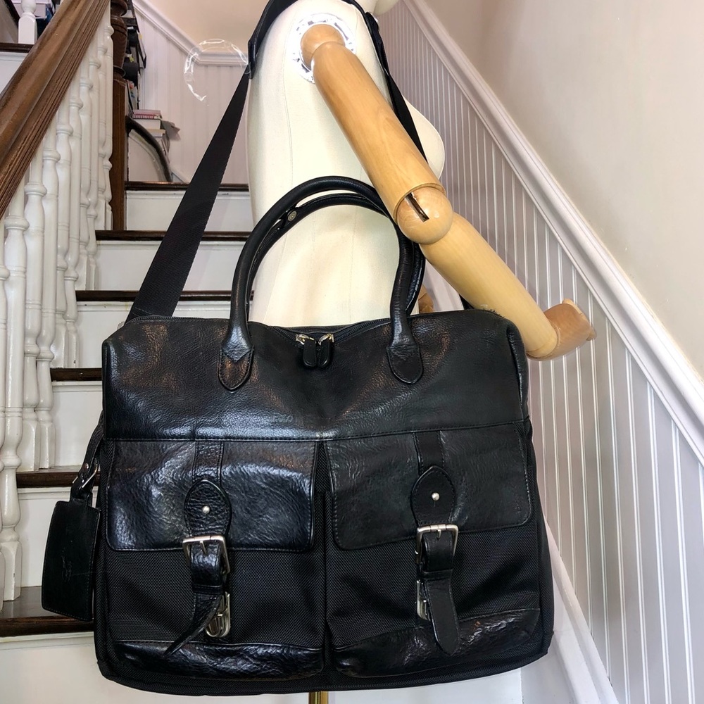 RALPH LAUREN Black Leather /Canvas Top Handle Briefcase Crossbody Shoulder Bag